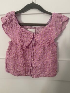 Zara Lilac Textured Ruffle-Trim Button Front Top